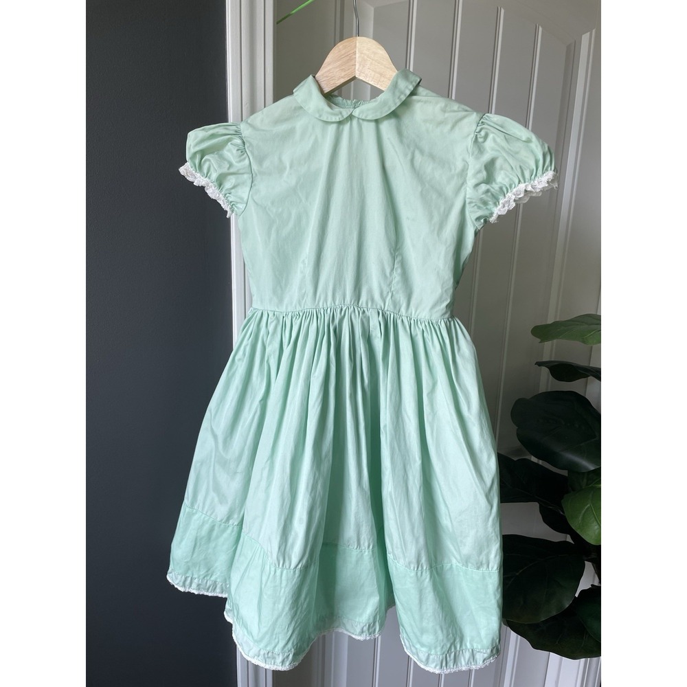 Vtg 1950s Elena Diran OG Girls Mint Green Dress Peter Pan Collar Lace Sz *5 = 3T